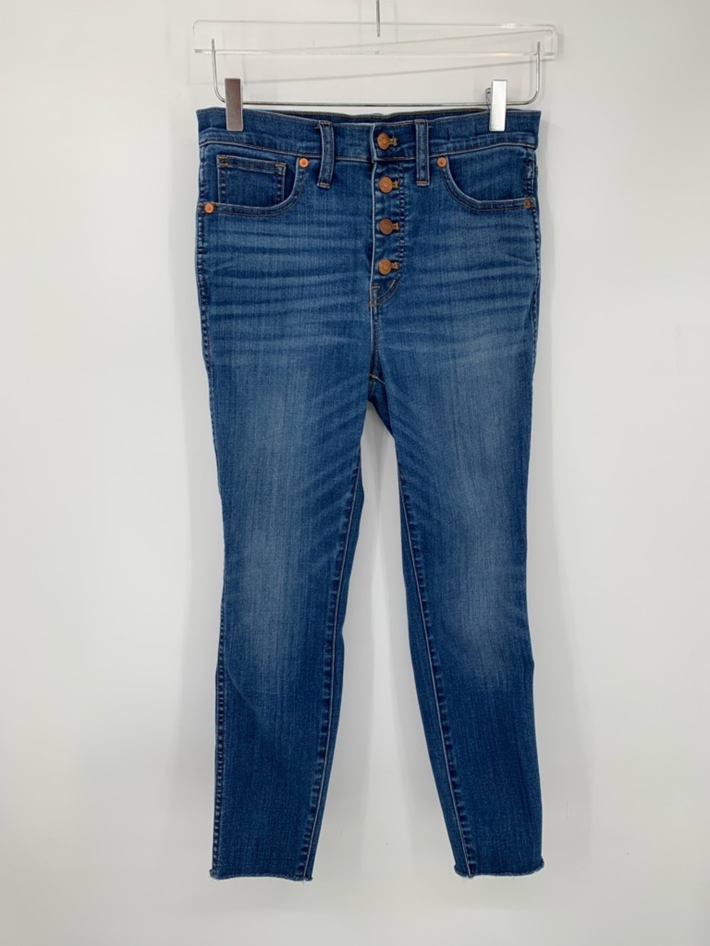 Madewell 10" high rise skinny jeans exposed button fly raw hem cropped women 28